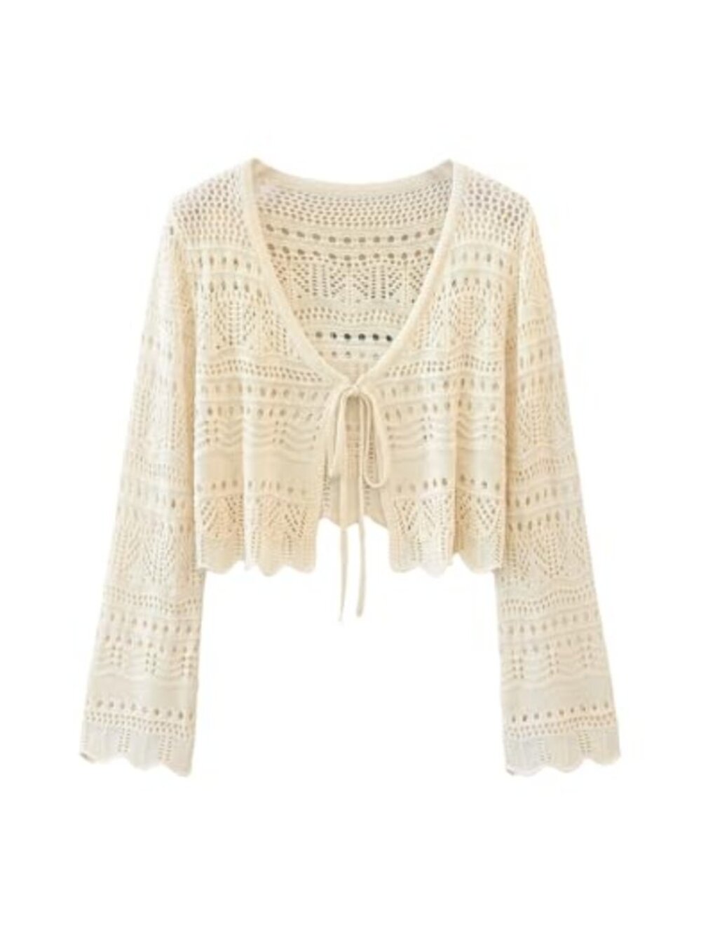 Women's Crochet Hollow Out Bolero Shrug Cardigan Long Sleeve V-Neck Tie Front